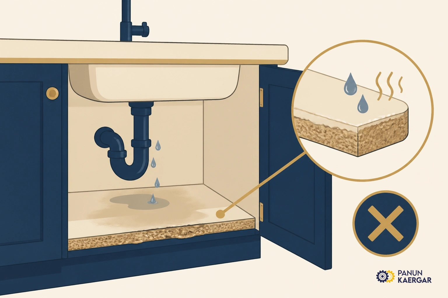 Swollen laminate edge on kitchen cabinet below sink ignored