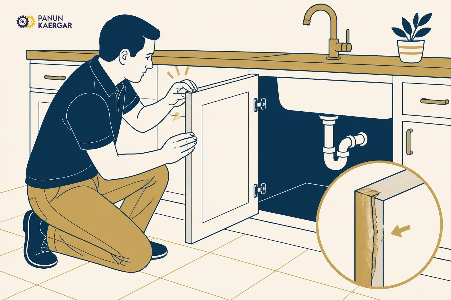 Inspect wet zones — Look for puffing laminate or a board that feels thicker at the edge