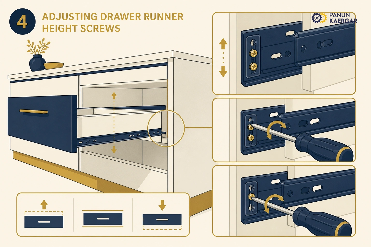 Tighten and adjust — Use the correct screwdriver; adjust runner height in small steps