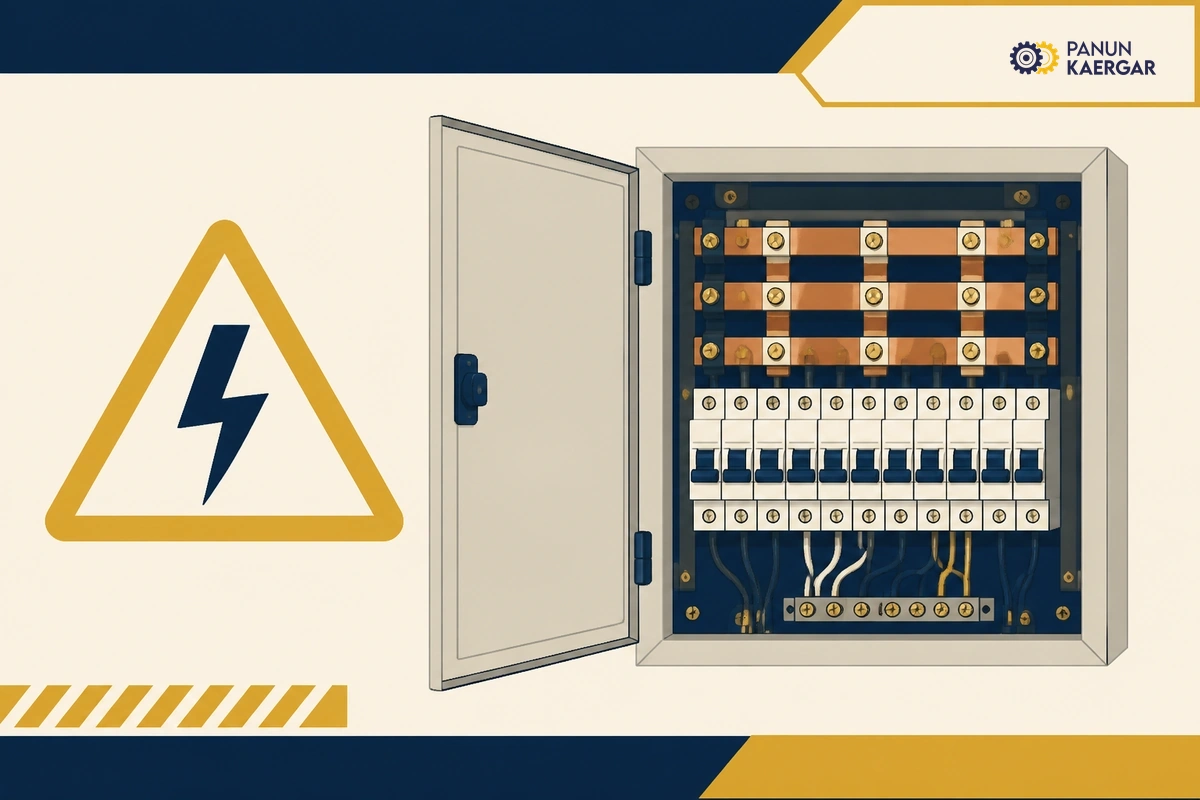 Distribution board cover removed exposing live busbars