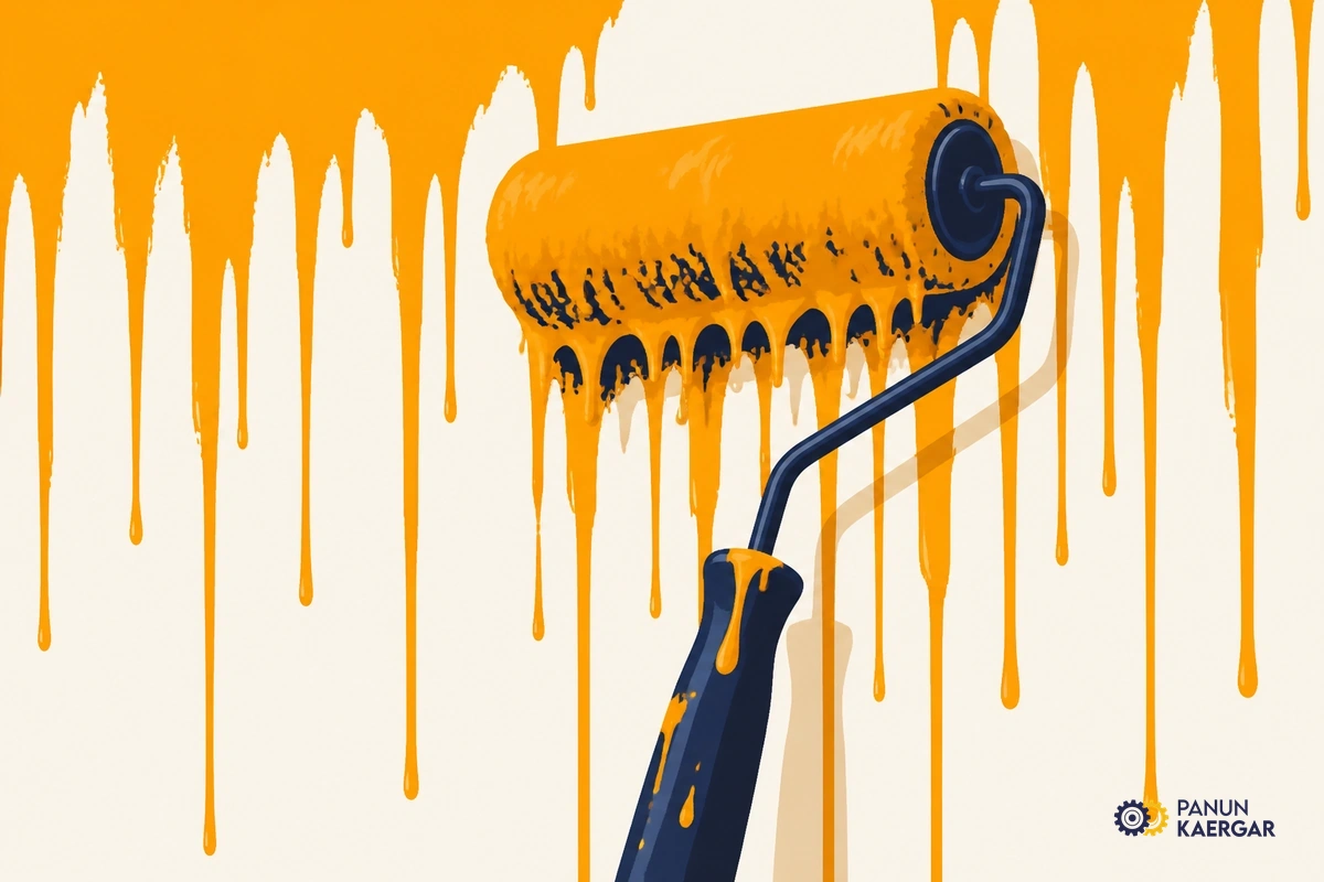 Paint roller overloaded dripping thick paint down wall