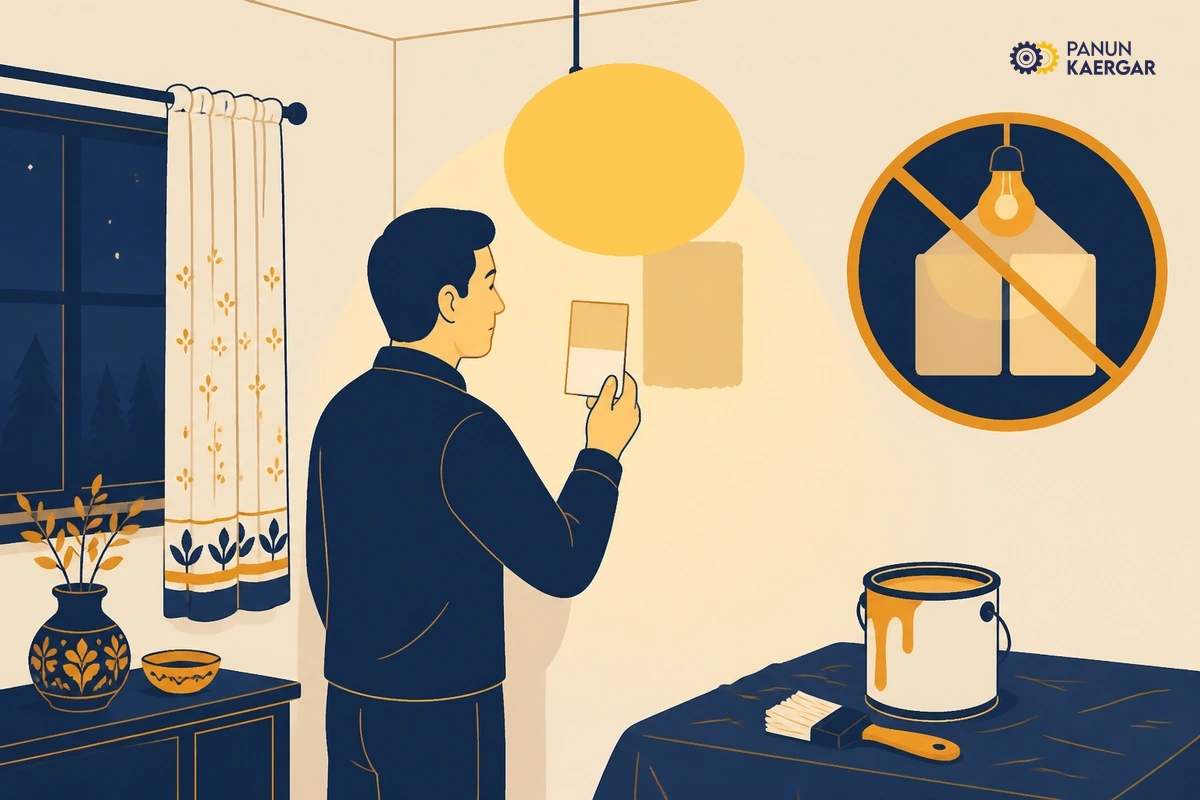 Person checking wall paint colour only under yellow room bulb at night
