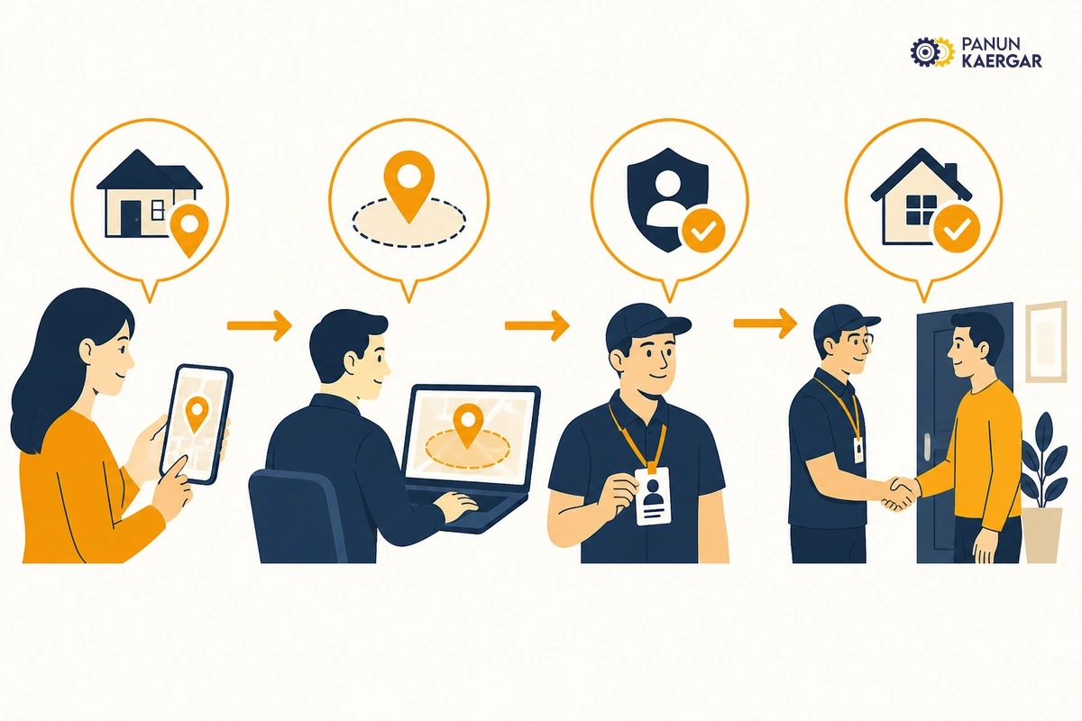 Flow from sharing your address to a confirmed local Panun Kaergar partner visit