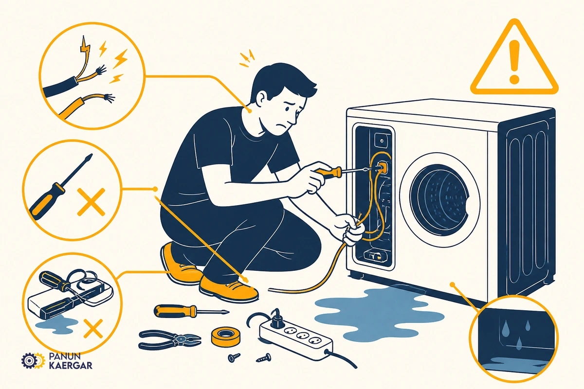Skilled plumber and electrician with professional tool kits beside unskilled person with wrong tools