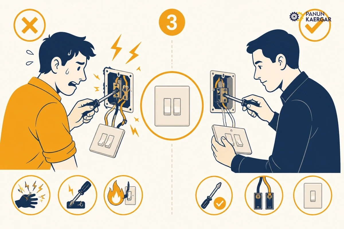 Contrast rushed untrained switch fix versus careful experienced electrician repair
