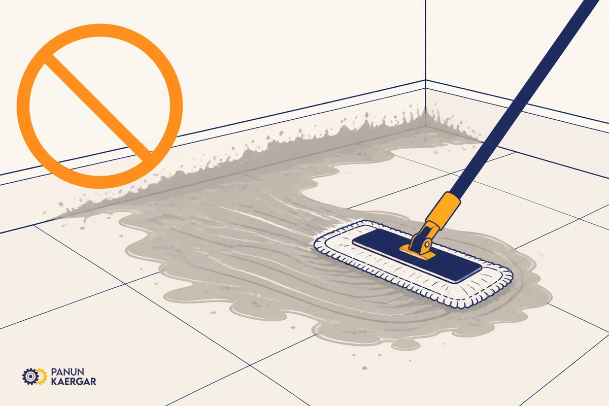 Wet mop spreading grey cement paste across newly finished tile floor