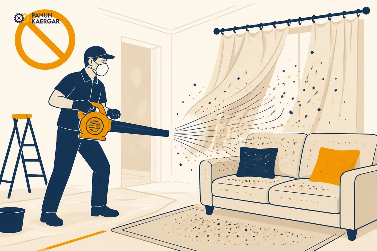 Leaf blower or strong fan aimed at dusty curtains and sofa after renovation