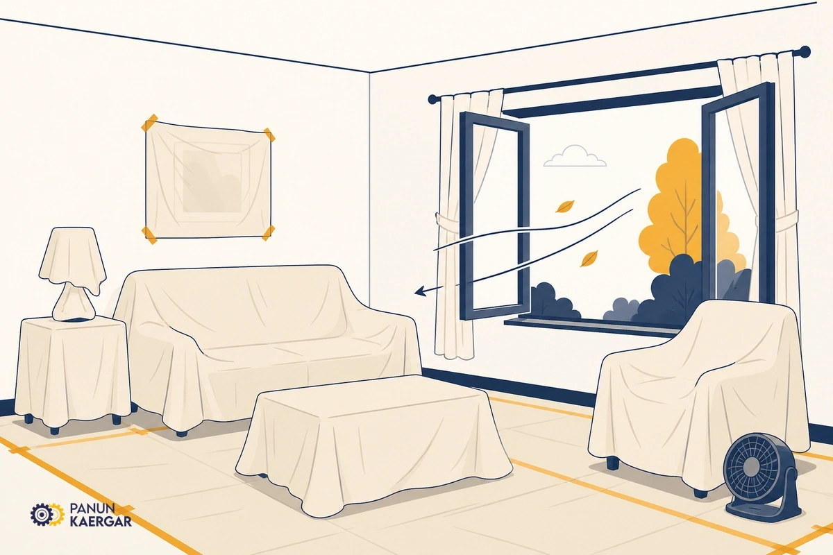 Protect and open the room — Cover remaining soft furniture, open windows if outdoor air is dry, and keep fans low s...