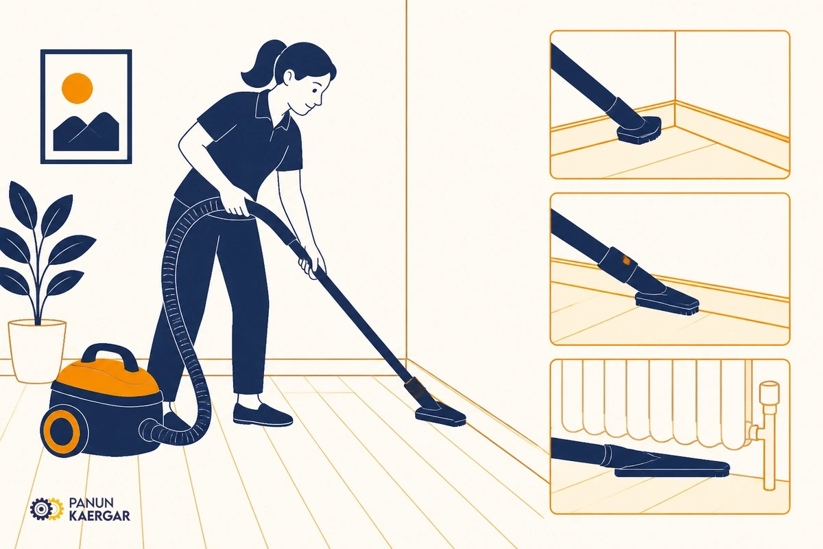 Vacuum floors and corners before wet work — Use a hard-floor or upholstery tool on skirting, corners, and under radiators