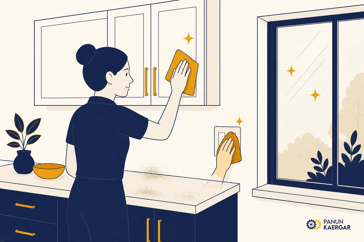 Wipe cabinets, switches, and glass last — Use a barely damp microfibre on doors, handles, and windows once the heavy dust has dro...