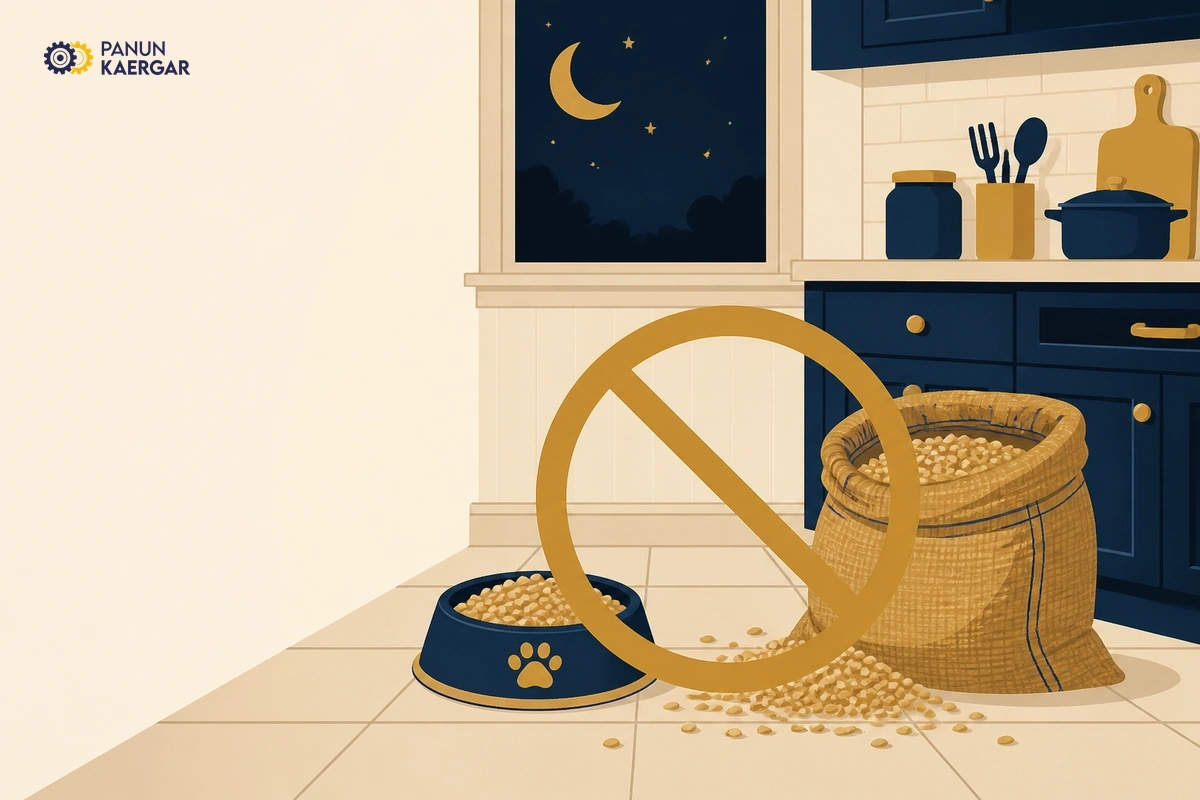 Pet food bowl on kitchen floor beside open grain sack at night