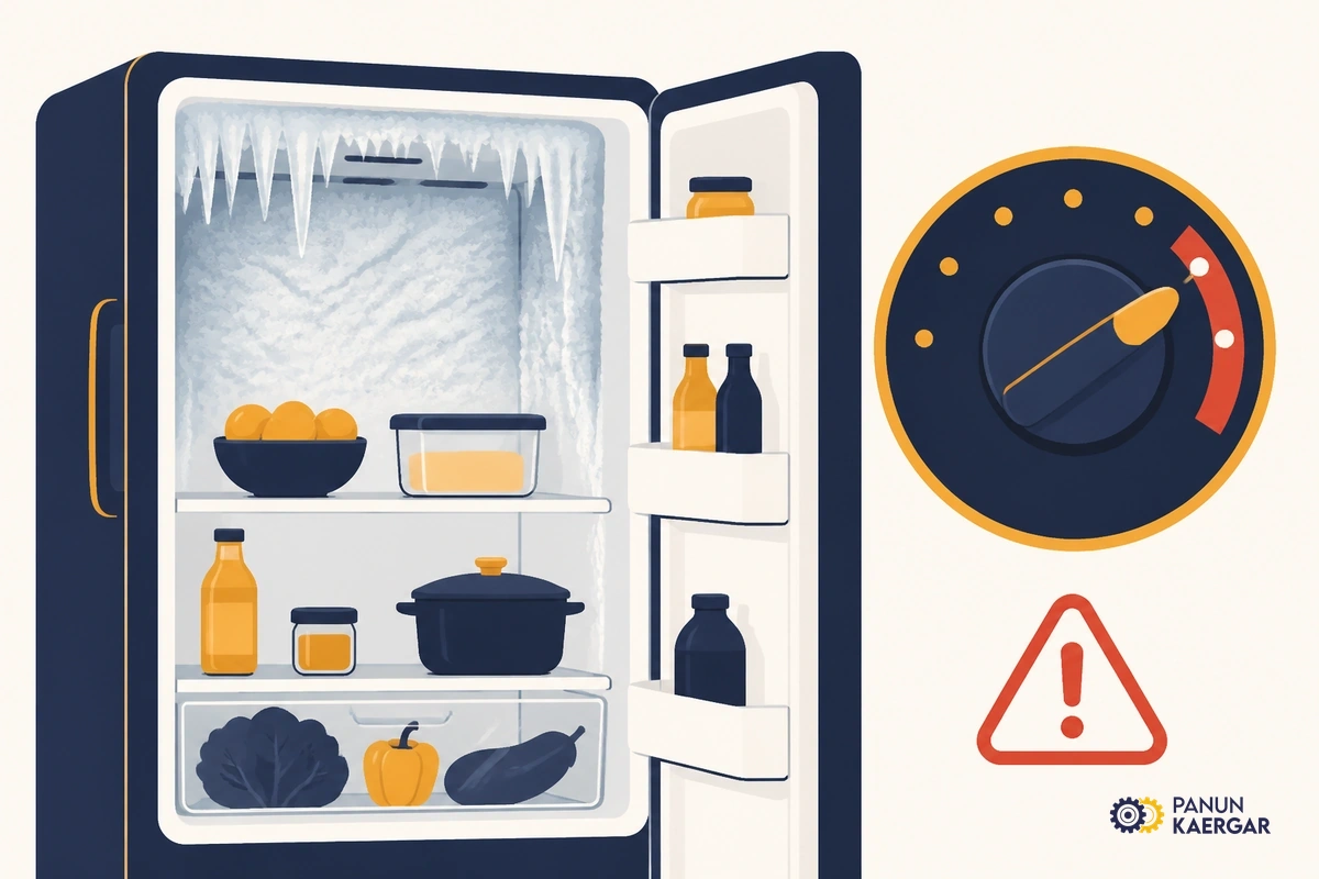 Refrigerator temperature dial turned to maximum with frost on back wall