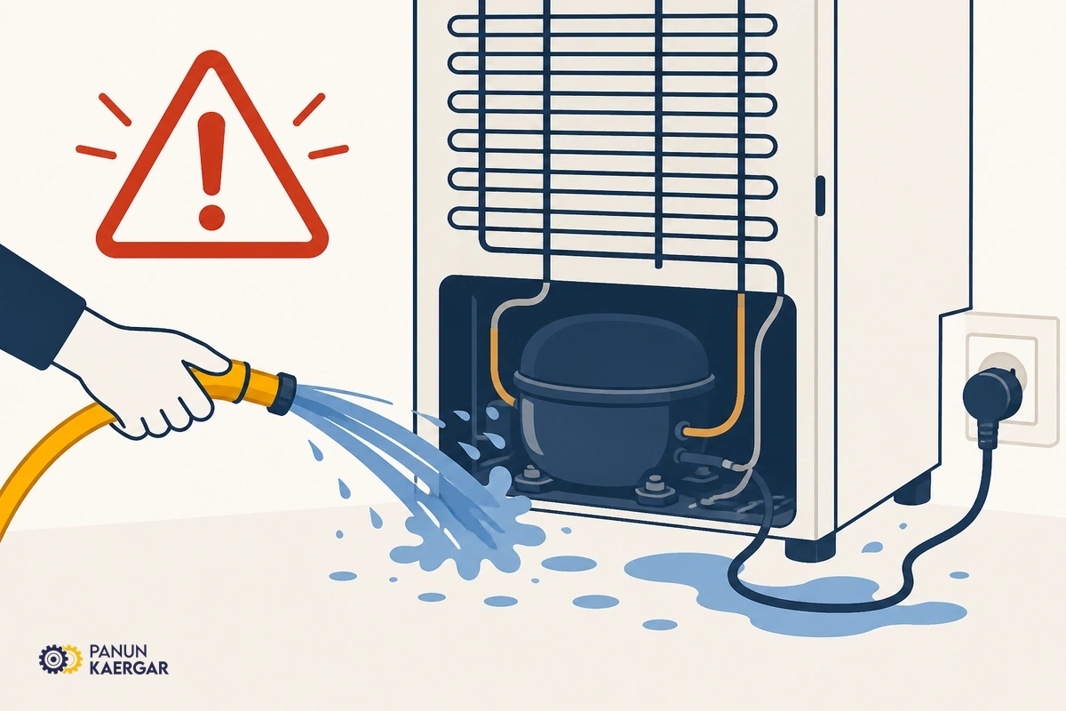 Water spray near refrigerator compressor and electrical plug