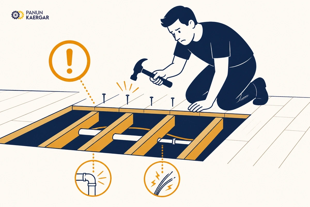 Person hammering random nails into squeaky floorboard without marking joist