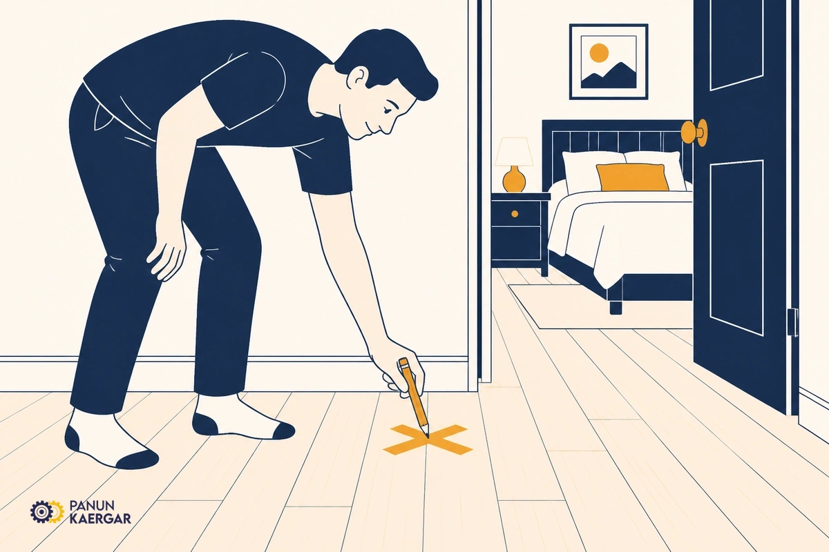 Walk and mark the squeak — Step slowly in socks, mark the loudest plank with tape or pencil, and note whether it s...