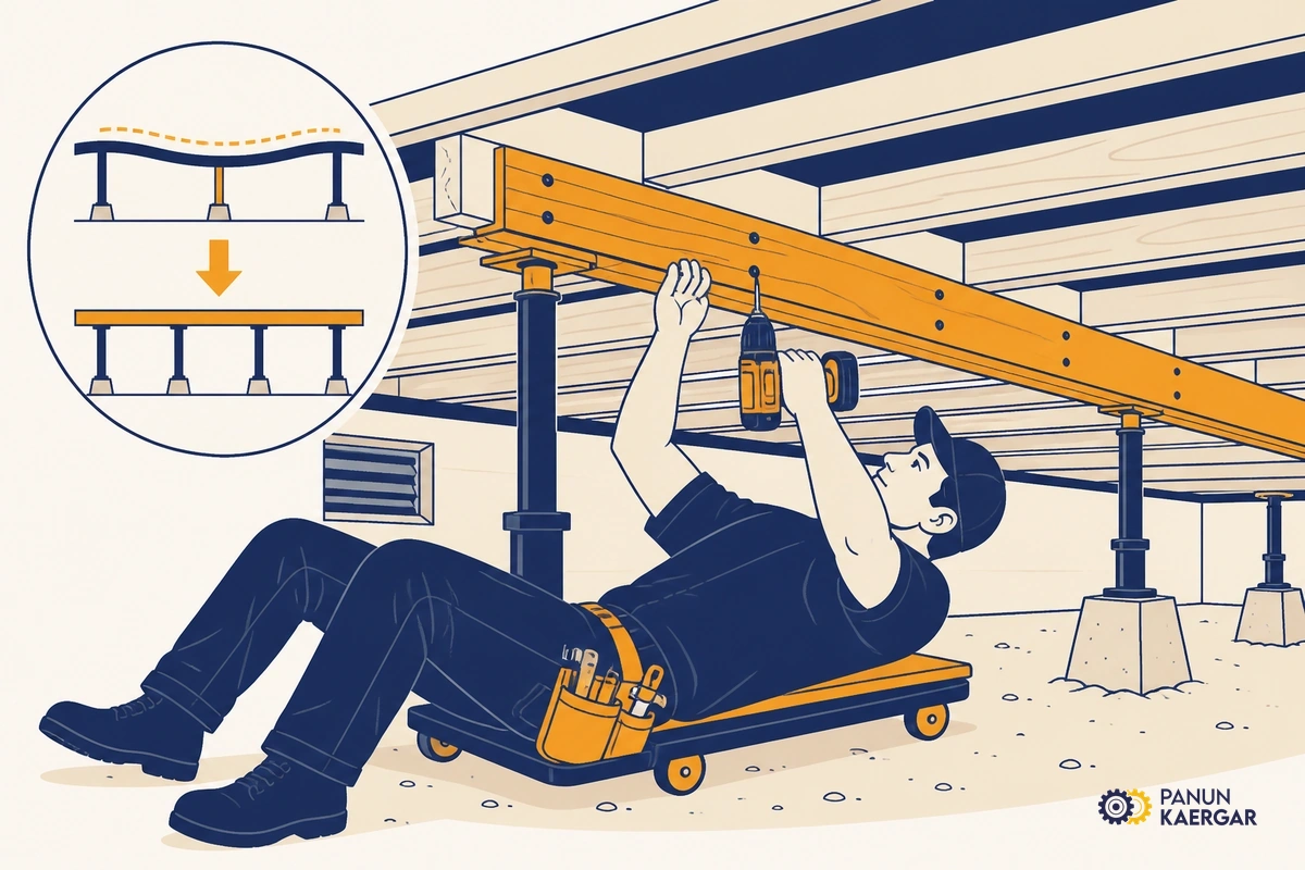 Book a carpenter — A pro can work from below, sister a weak joist, replace a cupped board, and quiet a run...