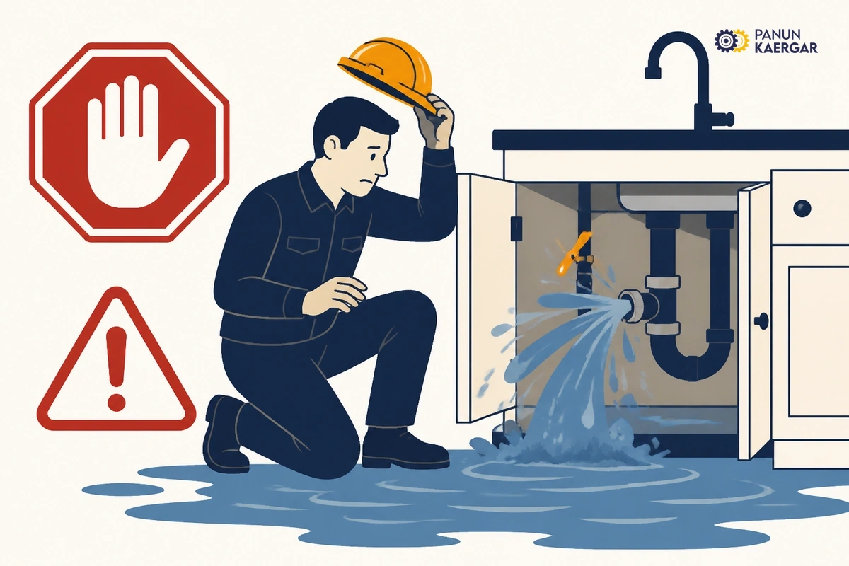 Tap headgear open while water sprays from under-sink pipe