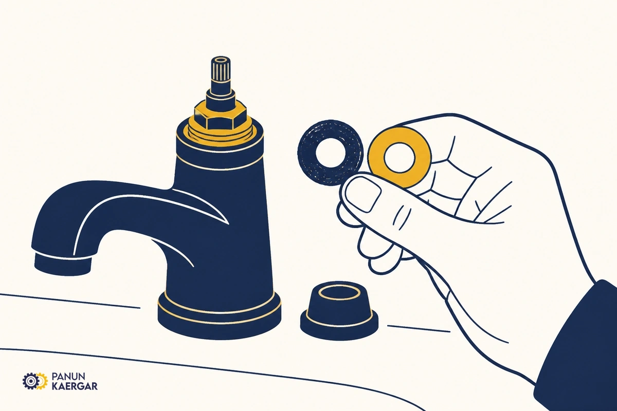 Open the handle and check the washer — Remove the handle and headgear, lift out the old washer, and note size before fitting a...