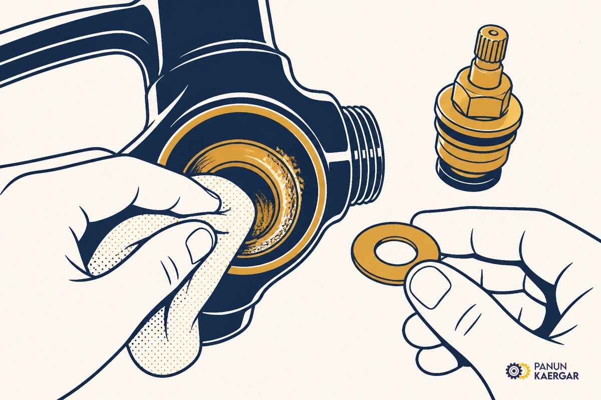 Clean the seat and refit snugly — Wipe grit from the valve seat, fit the new washer flat, and tighten the headgear firmly...