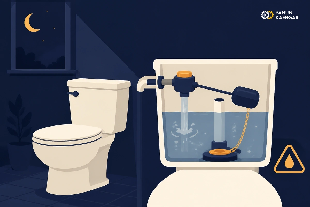 Toilet cistern quietly refilling at night with water meter icon