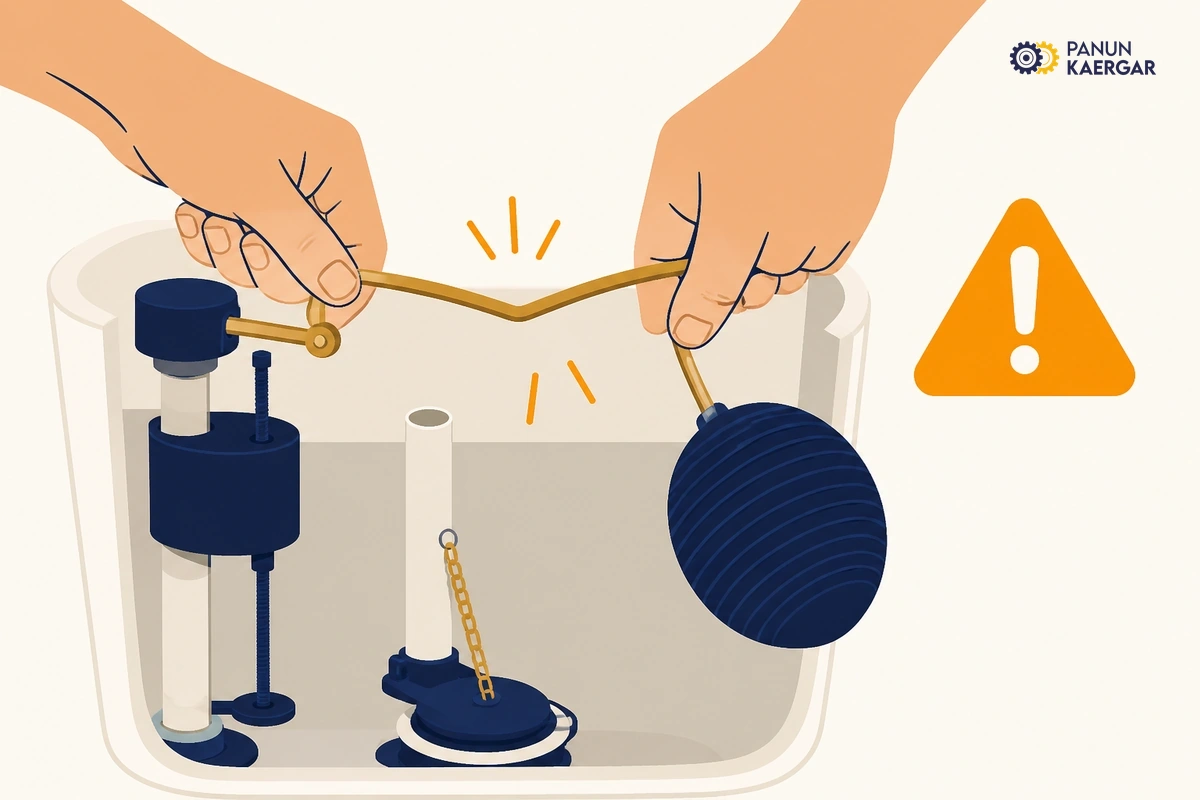 Hands bending toilet cistern float arm roughly