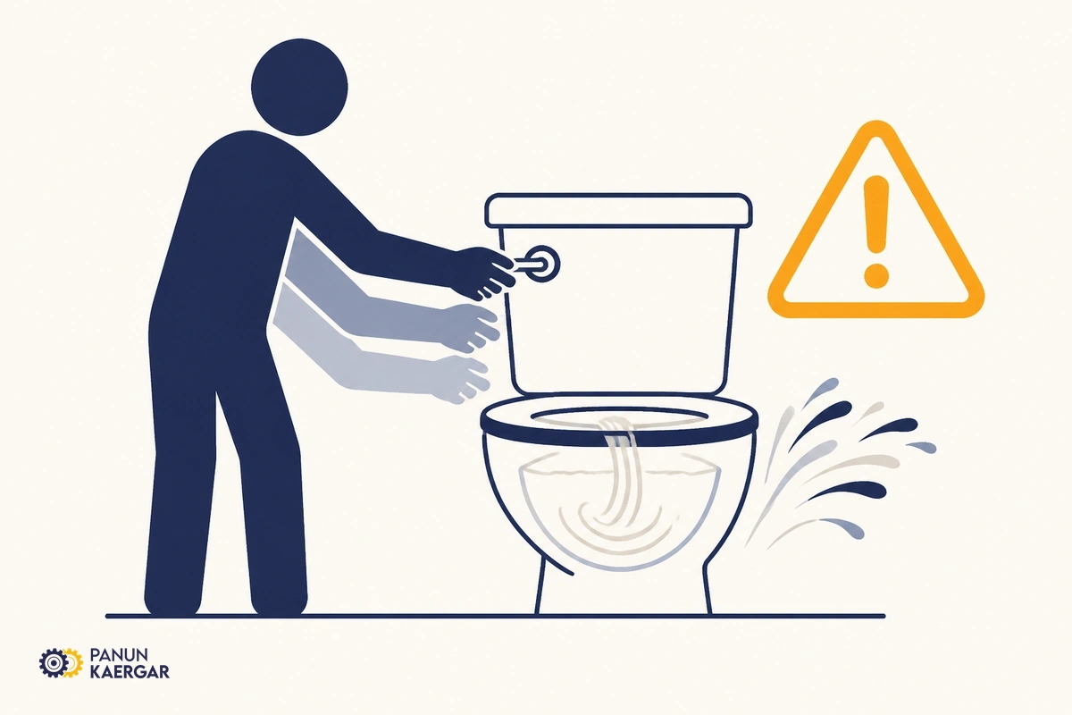 Person repeatedly flushing running toilet handle