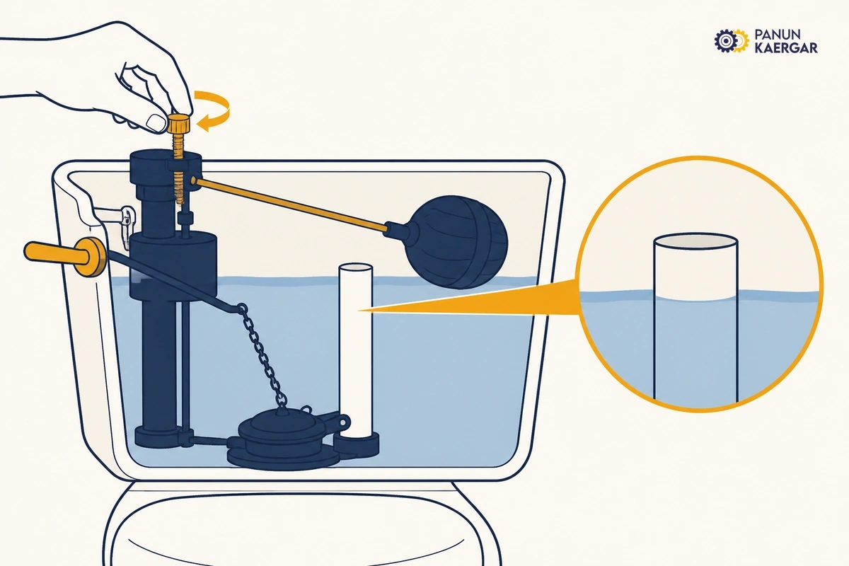 Set the water line below the overflow — Adjust the float or fill-valve screw so the level stops about a finger below the overfl...