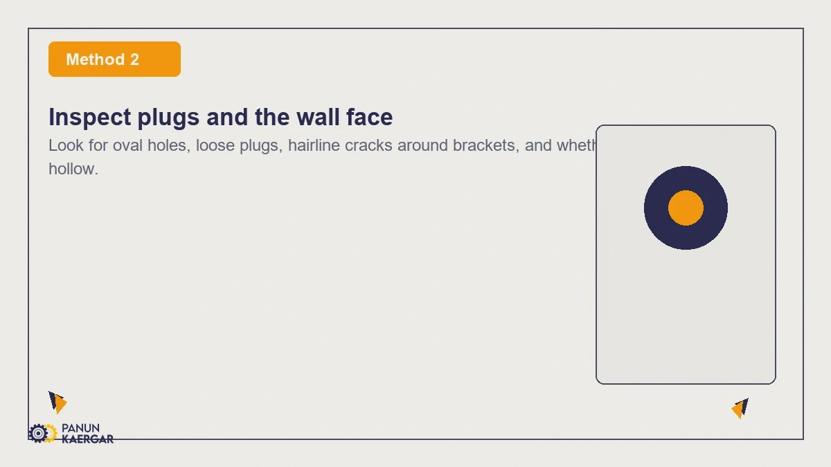 Inspect plugs and the wall face — Look for oval holes, loose plugs, hairline cracks around brackets, and whether the wall...