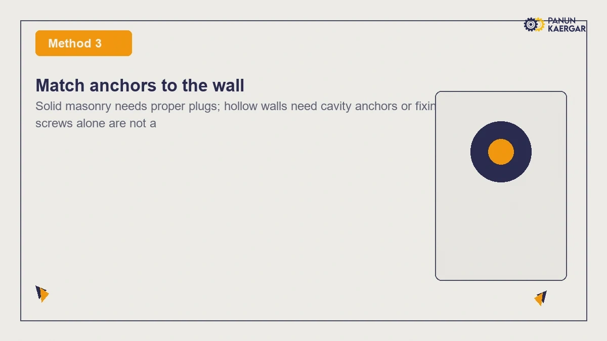 Match anchors to the wall — Solid masonry needs proper plugs; hollow walls need cavity anchors or fixing into a stu...