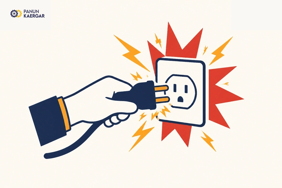 Hand forcing plug into sparking wall socket
