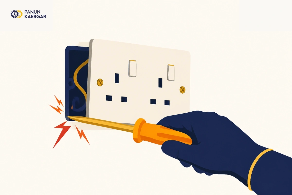Screwdriver opening wall socket with power still on