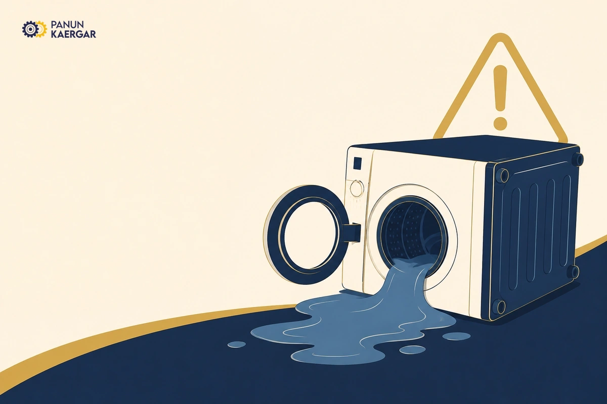 Washing machine tipped on its side with water spilling onto floor
