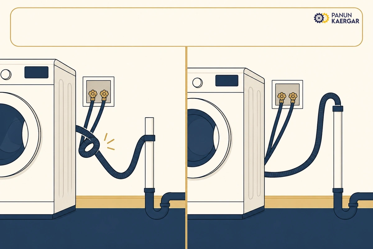 Check the drain hose run — Pull the machine forward slightly and look for kinks, pinches, or a hose loop above the...