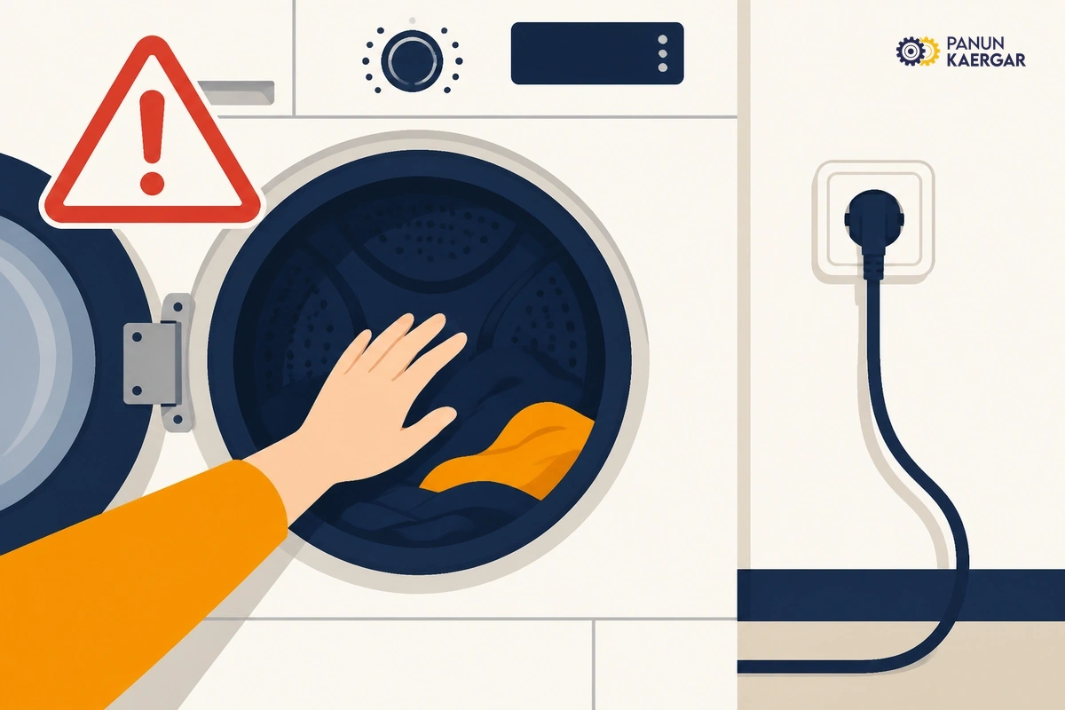 Hand inside washing machine drum while power cord is connected