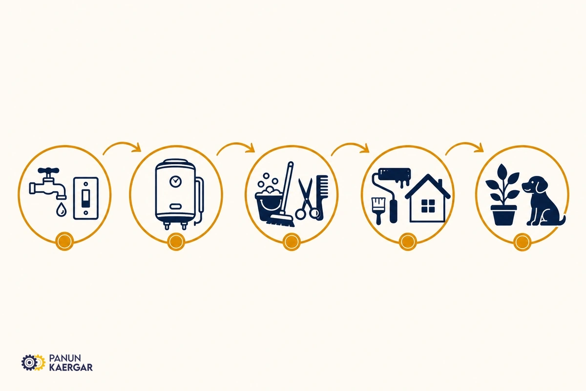 Illustration showing different jobs you can book through Panun Kaergar in Kashmir, from repairs and maintenance to cleaning and larger projects