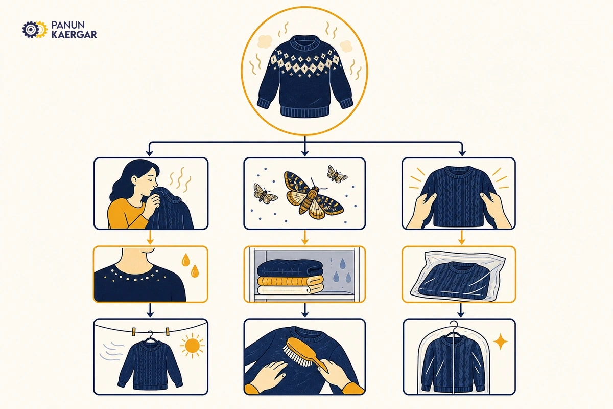 Diagnosis diagram for winter woollens smell musty