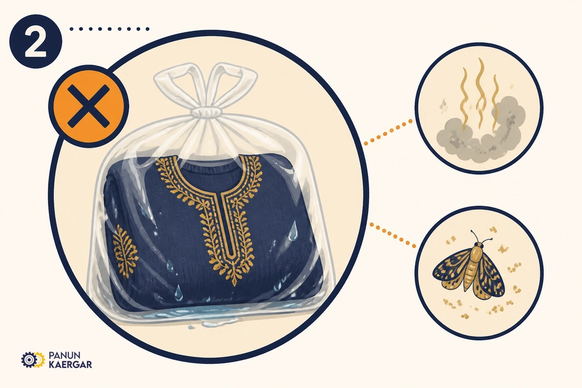 Slightly damp wool pheran folded into sealed plastic carry bag