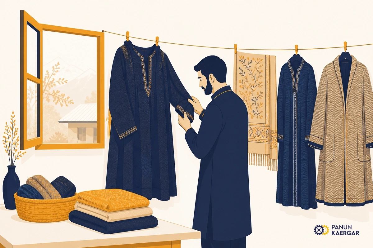 Air and inspect every piece — Hang pherans, shawls, and coats in dry daylight for a few hours; check seams, cuffs, an...
