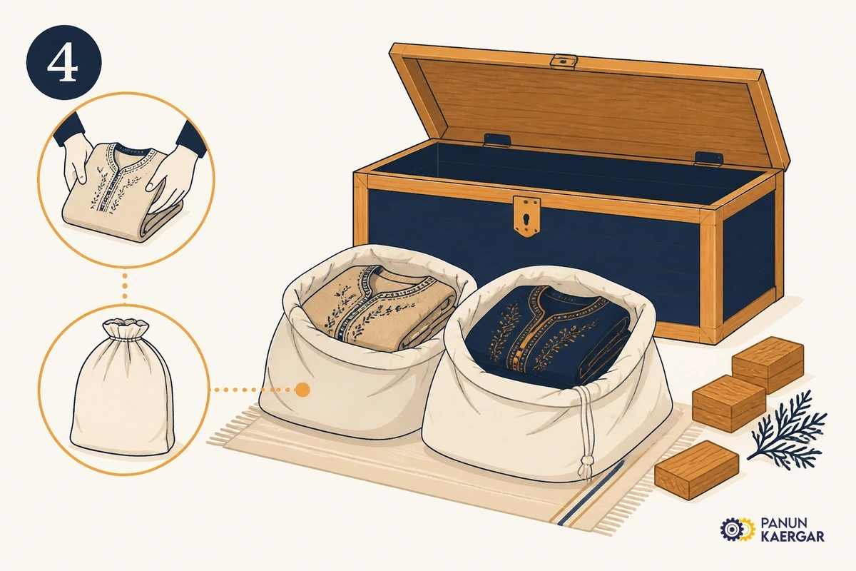 Store in breathable cotton — Fold loosely into cotton bags or muslin wraps with cedar blocks or neem leaves; keep aw...