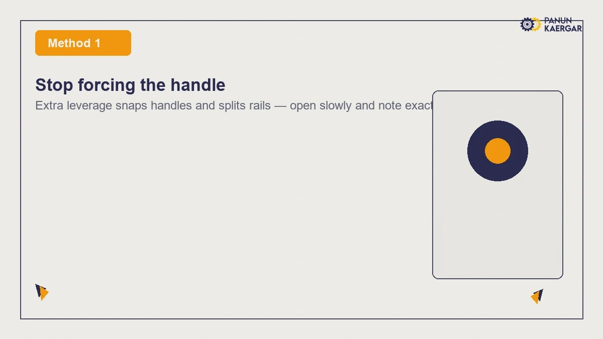 Stop forcing the handle — Extra leverage snaps handles and splits rails — open slowly and note exactly where it b...
