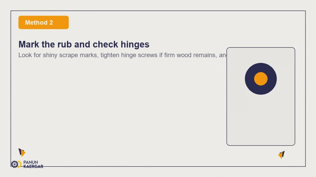 Mark the rub and check hinges — Look for shiny scrape marks, tighten hinge screws if firm wood remains, and pencil the ...