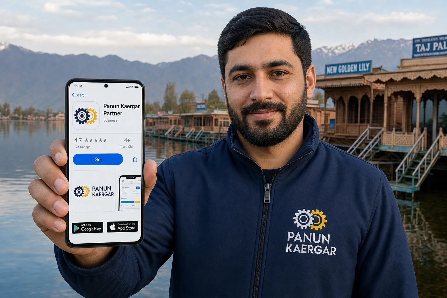Partner downloading the Panun Kaergar Partner app from Google Play and the App Store