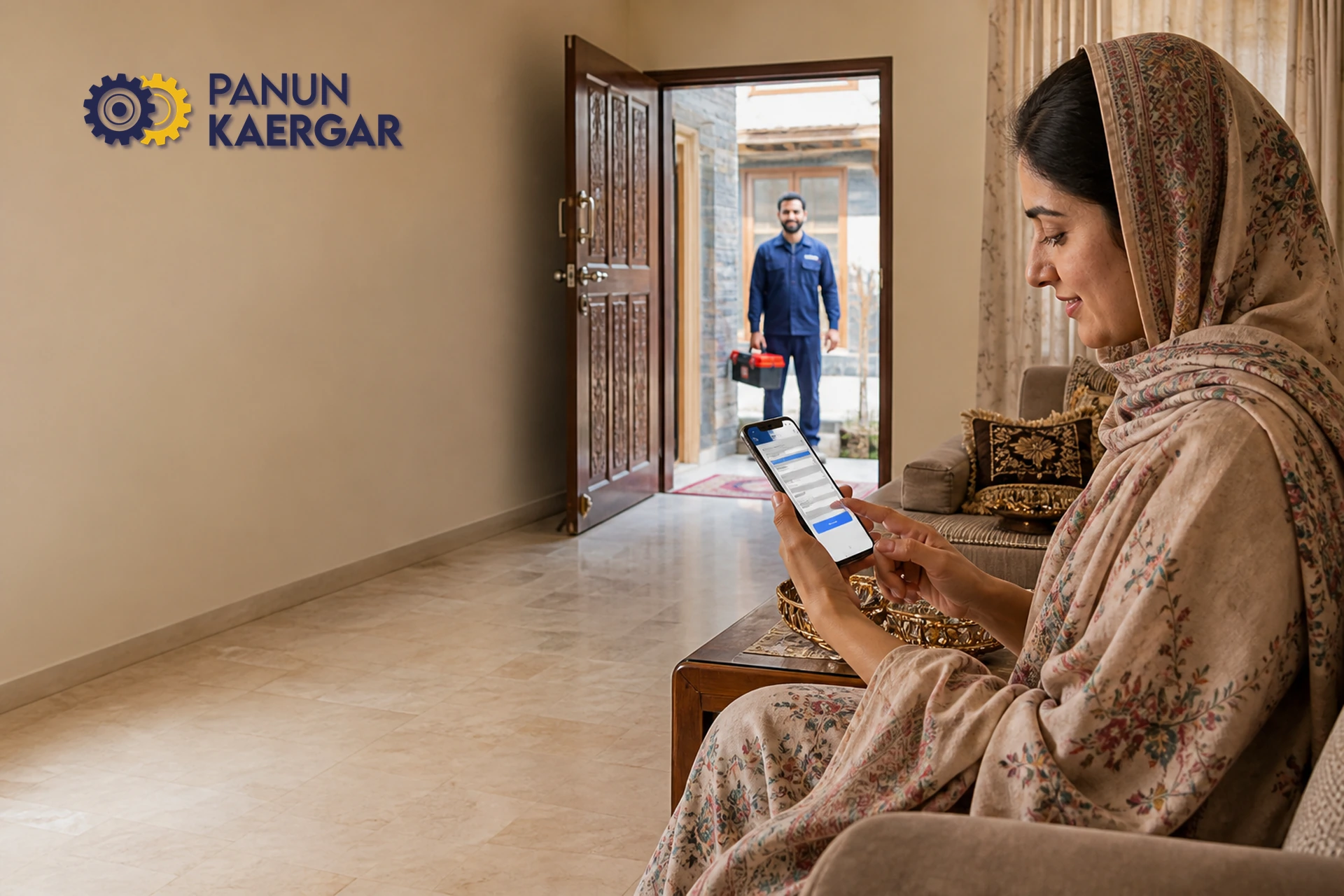 Booking a home service on smartphone in Kashmir while a verified Panun Kaergar partner arrives at the door