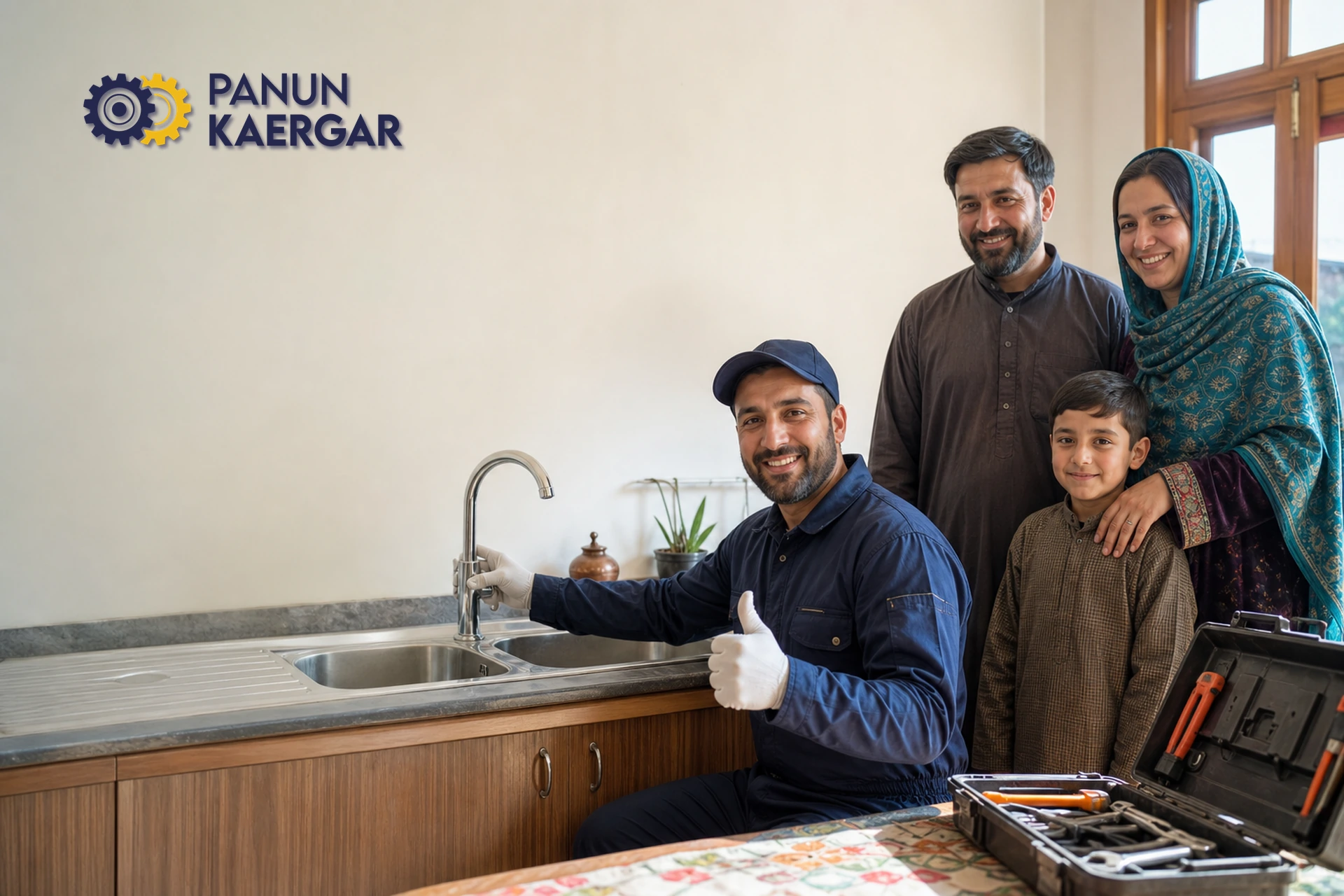 Trusted home services in Kashmir — verified Panun Kaergar partner with a happy family after a household repair