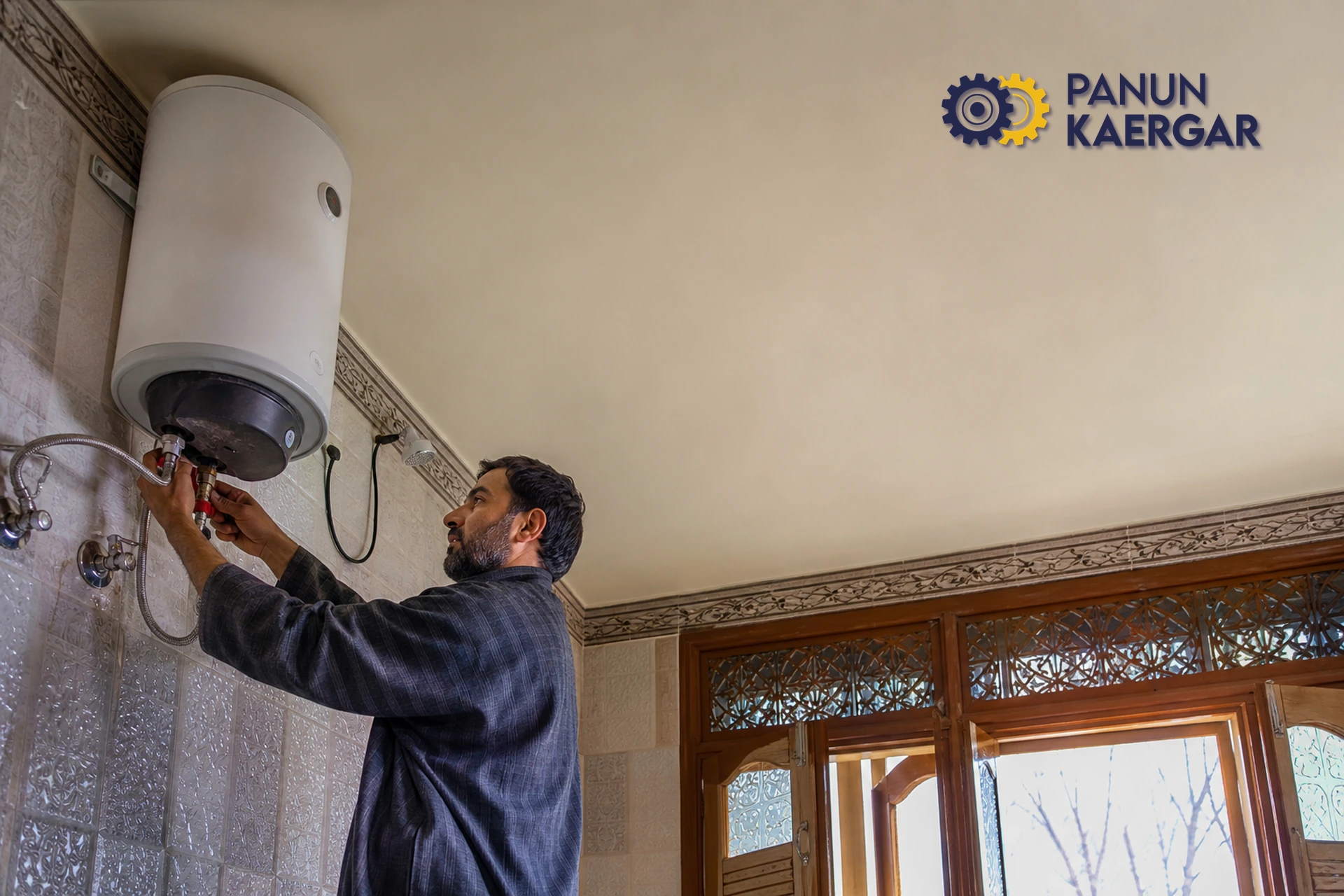 Local Kashmir home service expert repairing a geyser in a traditional Srinagar household