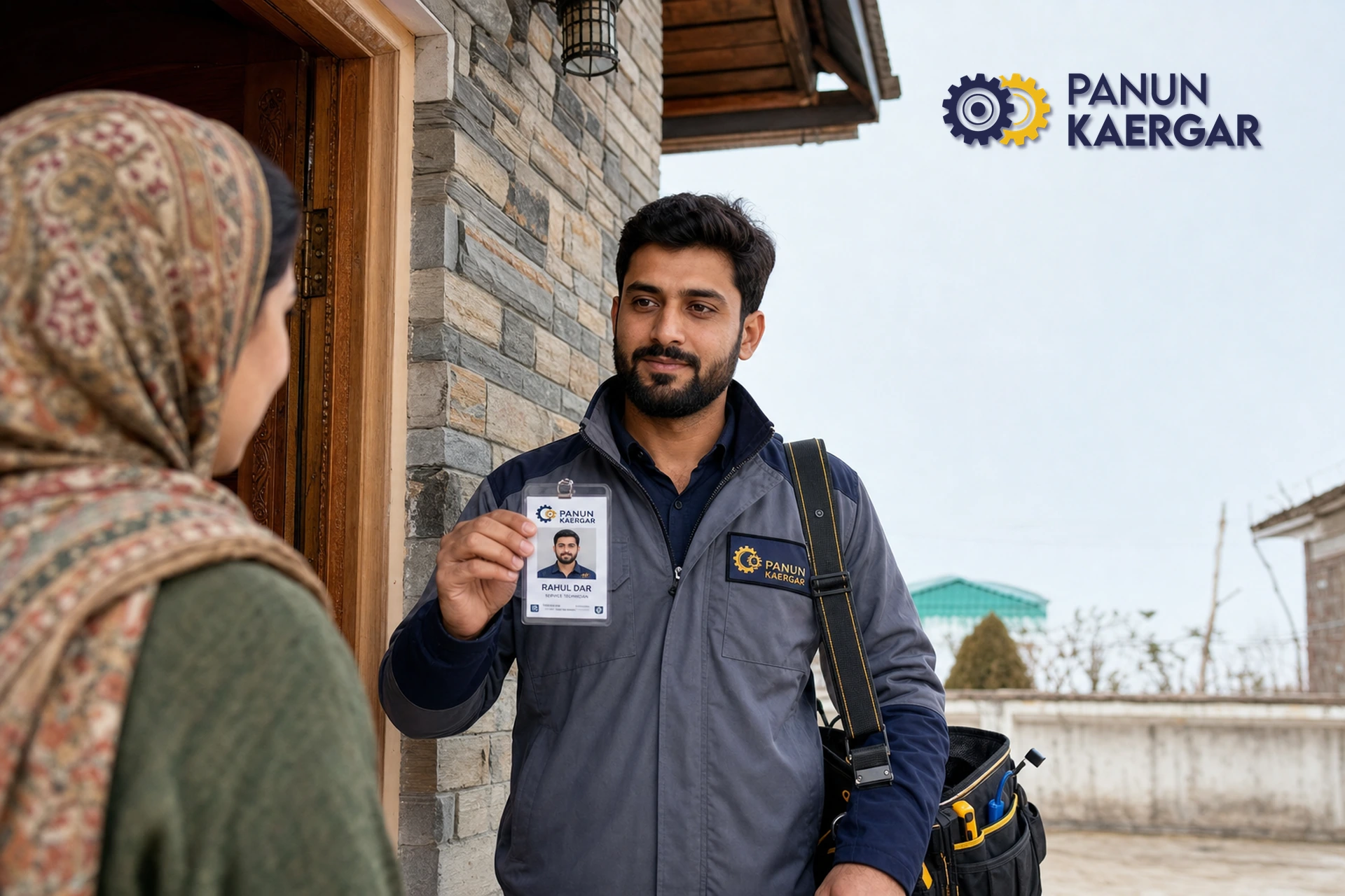 Verified Panun Kaergar partner showing ID credentials to a homeowner in Kashmir before a home visit